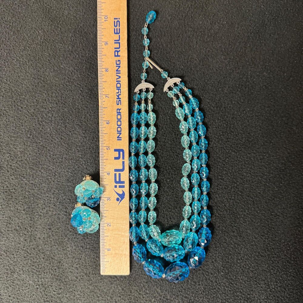 Vintage Ombre Jewelry Set 3 Strand Fashion Necklace Beaded Matching Earring Blue - Picture 6 of 8